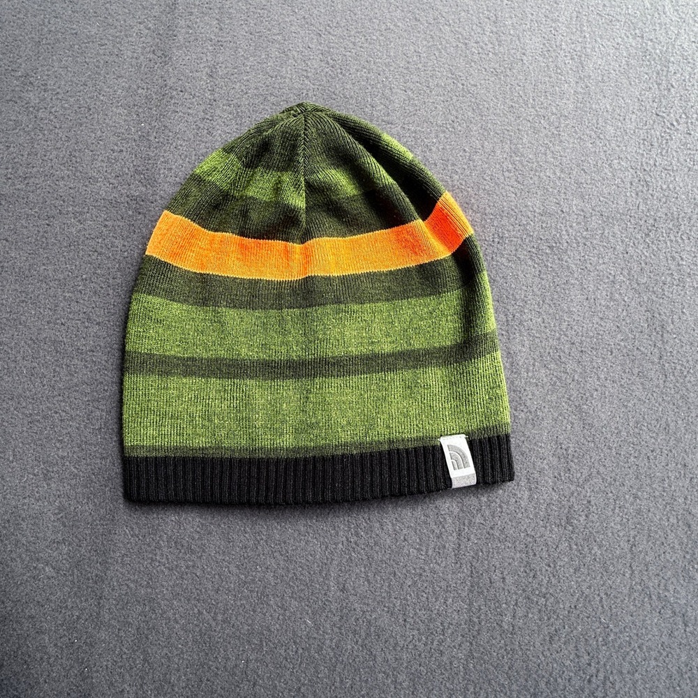 The North Face Beanie Youth Medium Green Orange Striped Knit Winter Hat
